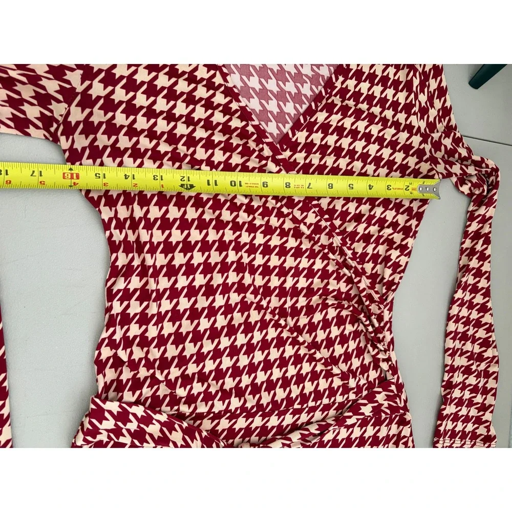 Romeo & Juliet Couture Red Houndstooth Wrap Dress Long Sleeve Midi  L Office